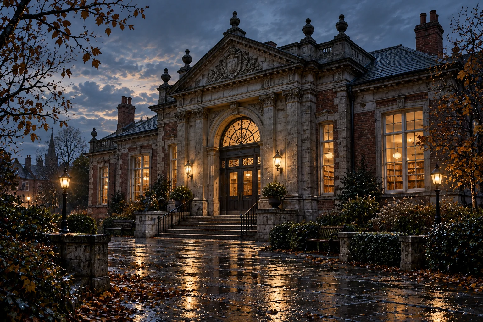 Der regennasse Eingang des Bellwether-Archivs, nach Einbruch der Dunkelheit warm beleuchtet.
